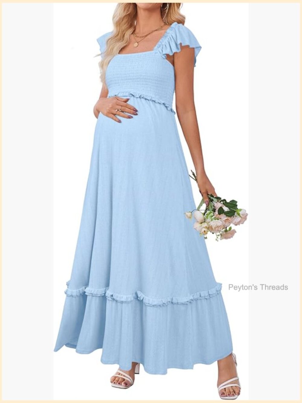 Boho Smocked Maxi Dress Maternity Photoshoot Ruffle Sleeve Baby Shower - Picture 1 of 6